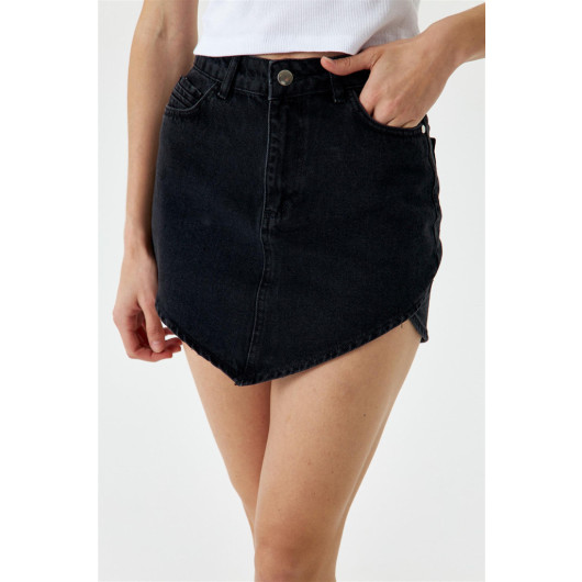 Asymmetric Cut Black Mini Denim Skirt