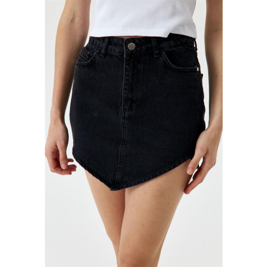 Asymmetric Cut Black Mini Denim Skirt