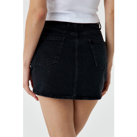 Asymmetric Cut Black Mini Denim Skirt