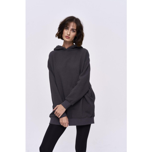 Basic Kapüşonlu Füme Kadın Sweatshirt