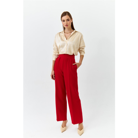 Waist Detail Wide Leg Red Women's Fabric Trousers