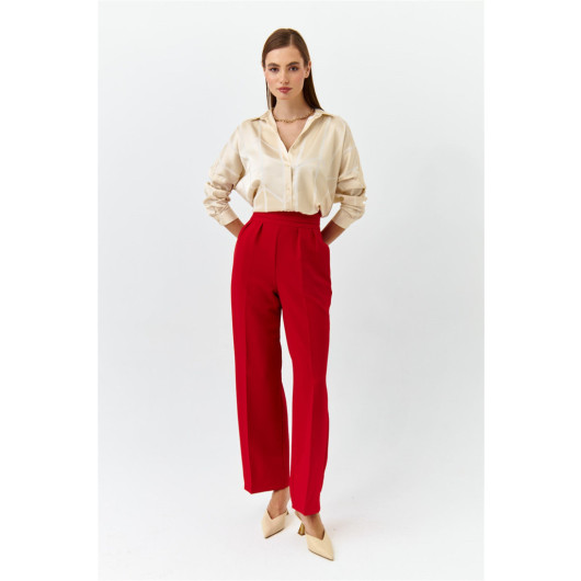 Waist Detail Wide Leg Red Women's Fabric Trousers