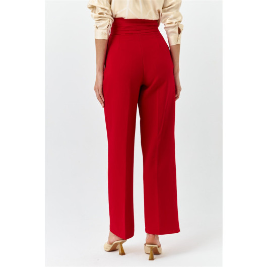 Waist Detail Wide Leg Red Women's Fabric Trousers