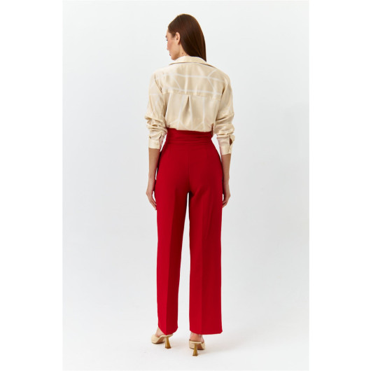 Waist Detail Wide Leg Red Women's Fabric Trousers