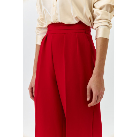 Waist Detail Wide Leg Red Women's Fabric Trousers