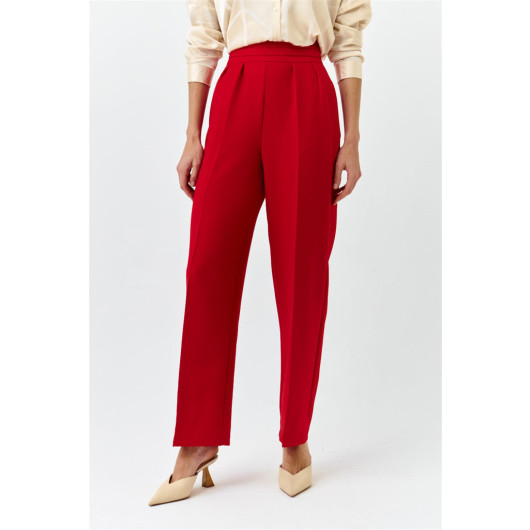 Waist Detail Wide Leg Red Women's Fabric Trousers