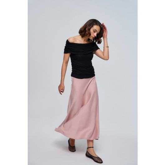 Powder Pink Satin Skirt With Elastic Waist