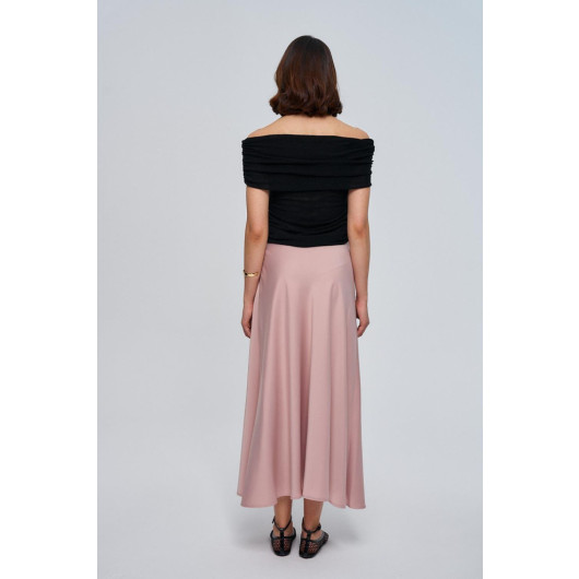 Powder Pink Satin Skirt With Elastic Waist