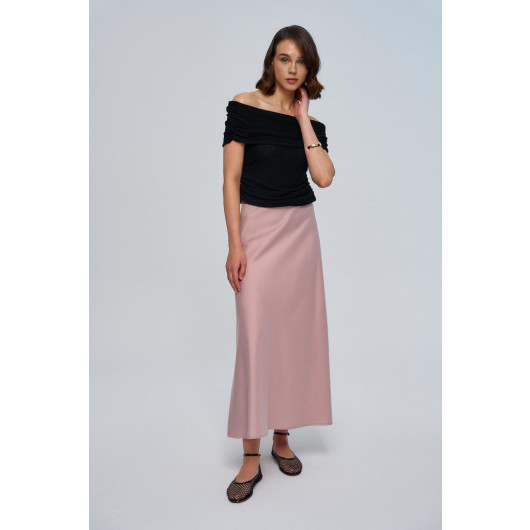 Powder Pink Satin Skirt With Elastic Waist