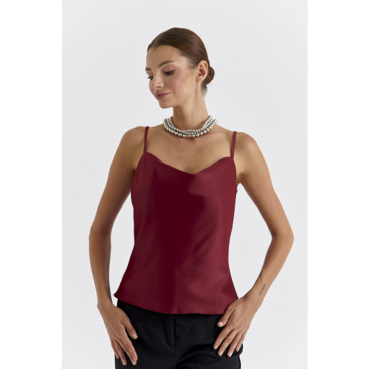 Plunging Collar Satin Claret Red Blouse