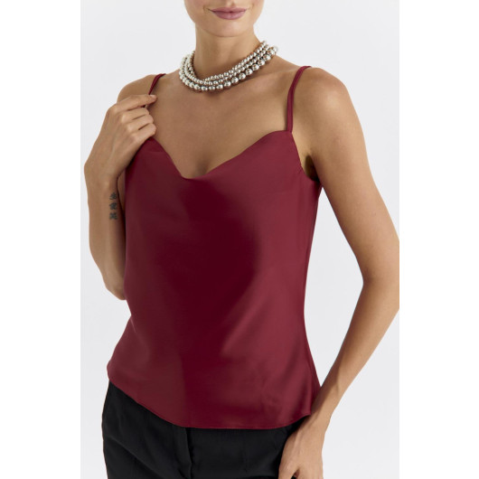 Plunging Collar Satin Claret Red Blouse