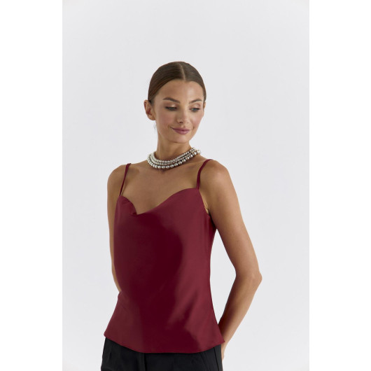 Plunging Collar Satin Claret Red Blouse