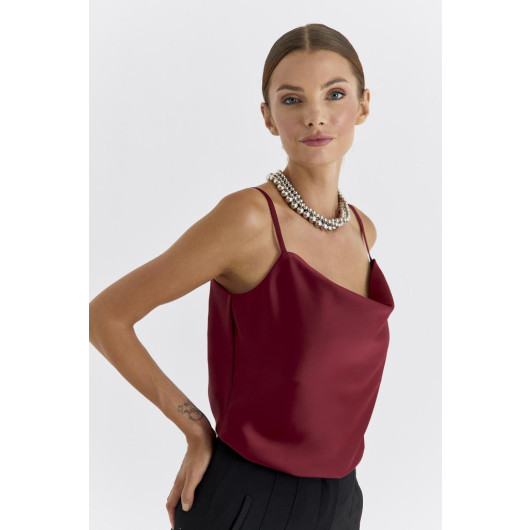 Plunging Collar Satin Claret Red Blouse