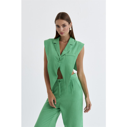 Linen Blend Design Green Women's Vest