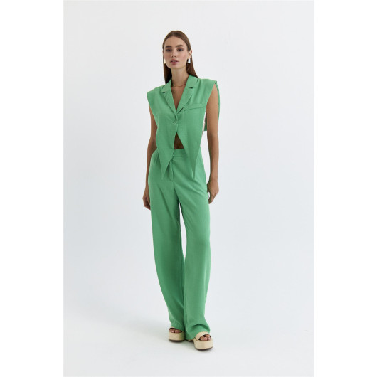 Linen Blend Design Green Women's Vest