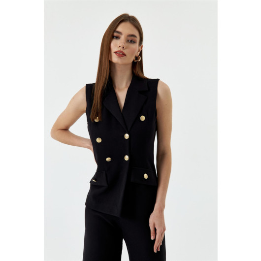 Double Breasted Collar Design Black Women's Jumpsuit