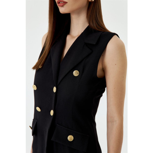 Double Breasted Collar Design Black Women's Jumpsuit