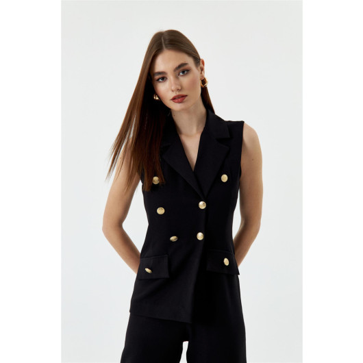 Double Breasted Collar Design Black Women's Jumpsuit