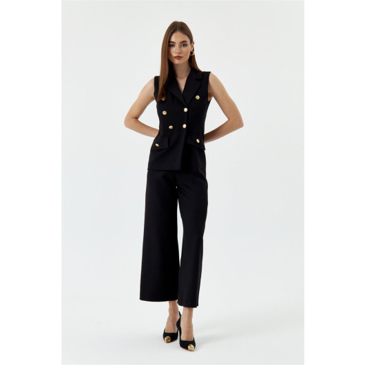 Double Breasted Collar Design Black Women's Jumpsuit