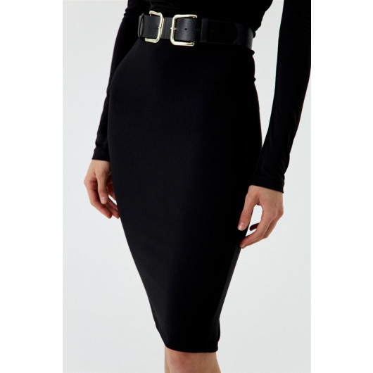 Midi Length Ribbed Black Pencil Skirt