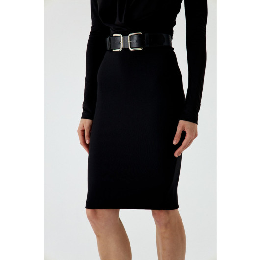 Midi Length Ribbed Black Pencil Skirt