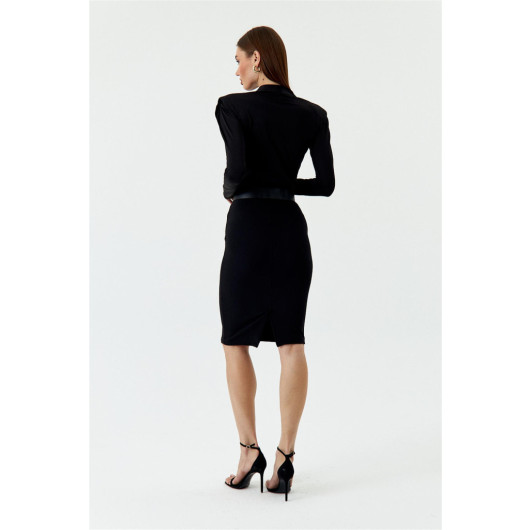 Midi Length Ribbed Black Pencil Skirt