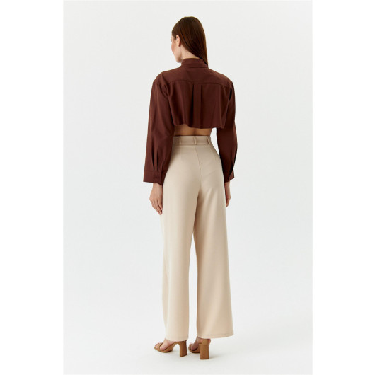 Pleated High Waist Palazzo Beige Women's Trousers