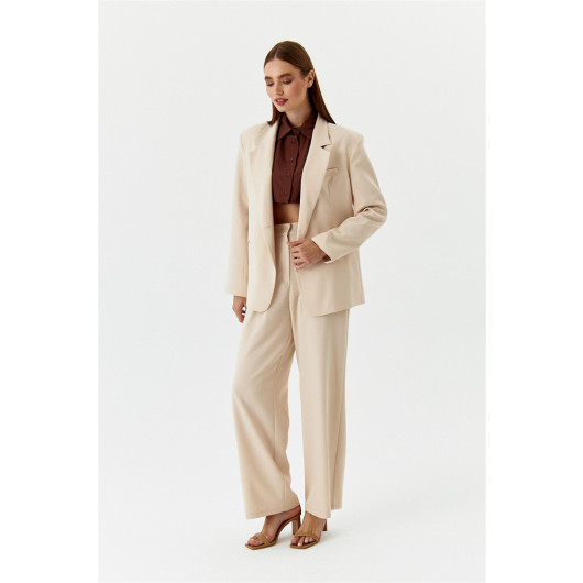 Pleated High Waist Palazzo Beige Women's Trousers