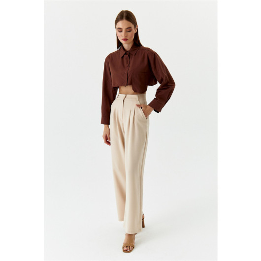 Pleated High Waist Palazzo Beige Women's Trousers