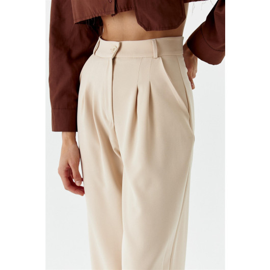 Pleated High Waist Palazzo Beige Women's Trousers