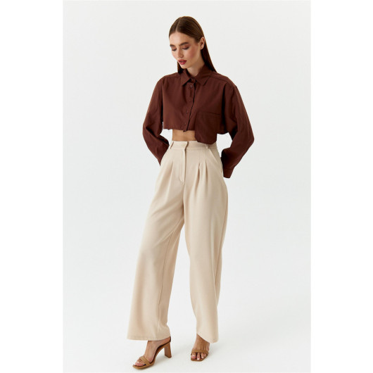 Pleated High Waist Palazzo Beige Women's Trousers