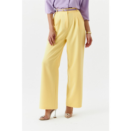 Pleated High Waist Palazzo Yellow Women's Trousers