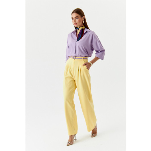 Pleated High Waist Palazzo Yellow Women's Trousers