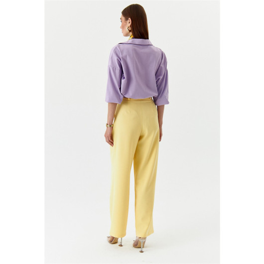 Pleated High Waist Palazzo Yellow Women's Trousers