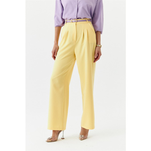 Pleated High Waist Palazzo Yellow Women's Trousers