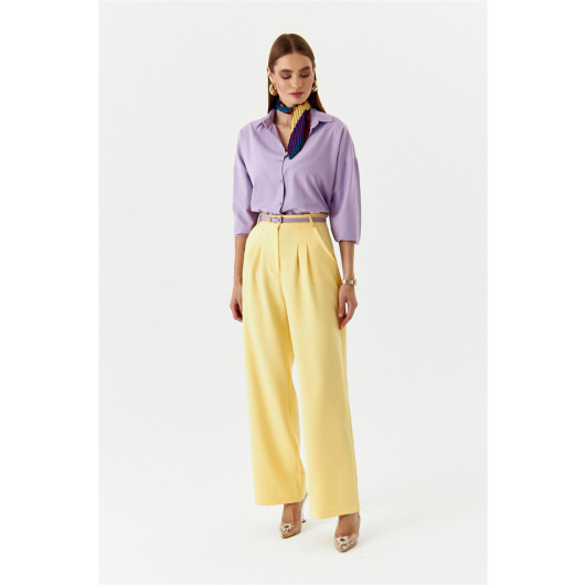 Pleated High Waist Palazzo Yellow Women's Trousers