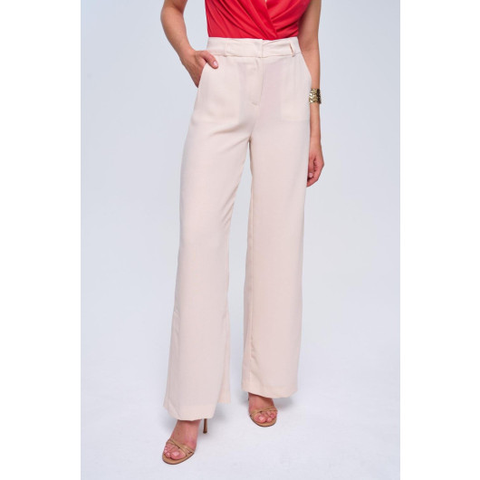 Slit Detailed Wide Leg Cream Women's Trousers