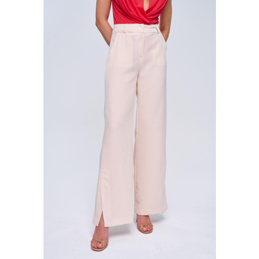 Slit Detailed Wide Leg Cream Women's Trousers