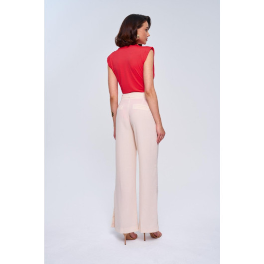 Slit Detailed Wide Leg Cream Women's Trousers