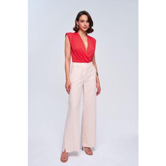 Slit Detailed Wide Leg Cream Women's Trousers