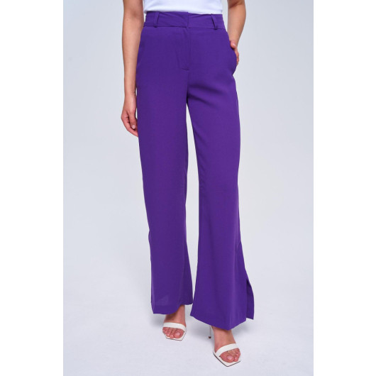 Slit Detailed Wide Leg Purple Women's Trousers