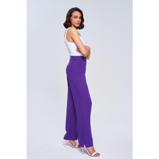 Slit Detailed Wide Leg Purple Women's Trousers