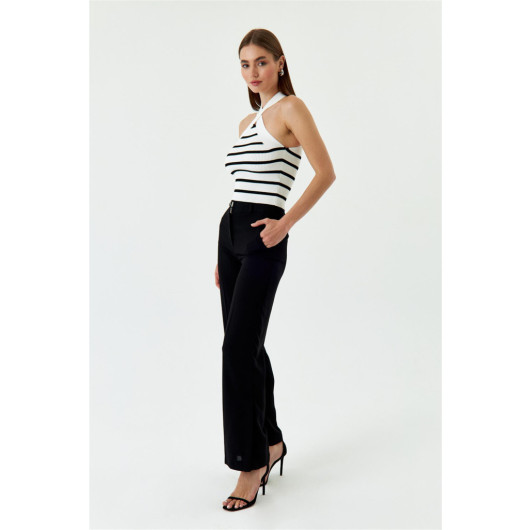 Slit Detailed Wide Leg Black Women's Trousers