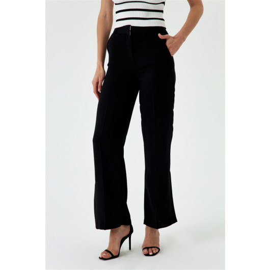 Slit Detailed Wide Leg Black Women's Trousers