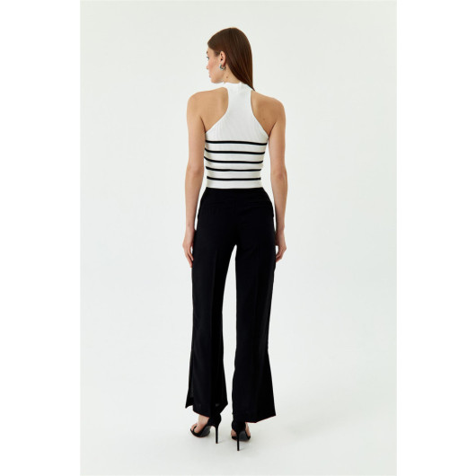 Slit Detailed Wide Leg Black Women's Trousers