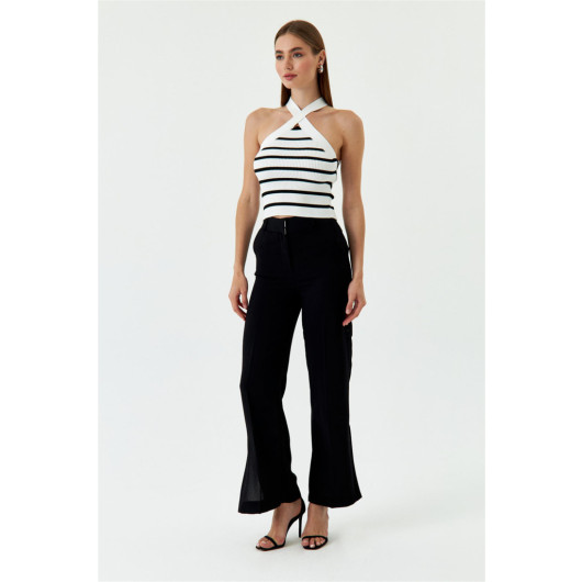 Slit Detailed Wide Leg Black Women's Trousers