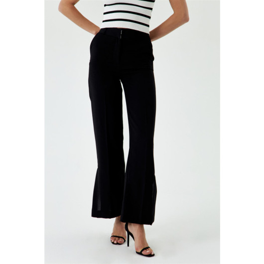 Slit Detailed Wide Leg Black Women's Trousers