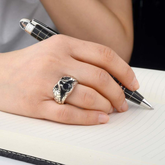 3D Snake Pattern Black Stone Sterling Silver Men's Ring