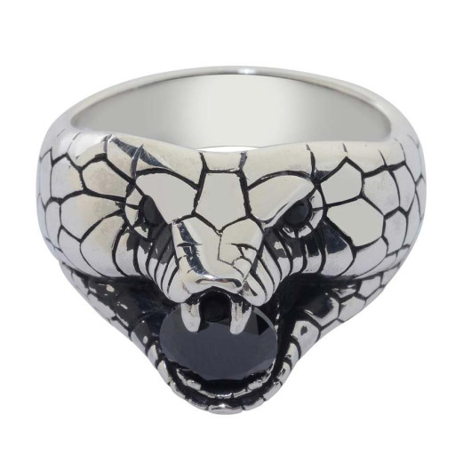 3D Snake Pattern Black Stone Sterling Silver Men's Ring