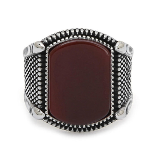 925 Silver Men's Ring With Red Agate Stone